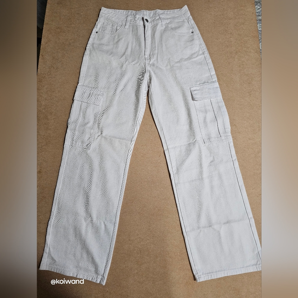 Shein Wide Leg Cargo Pants, White Size L